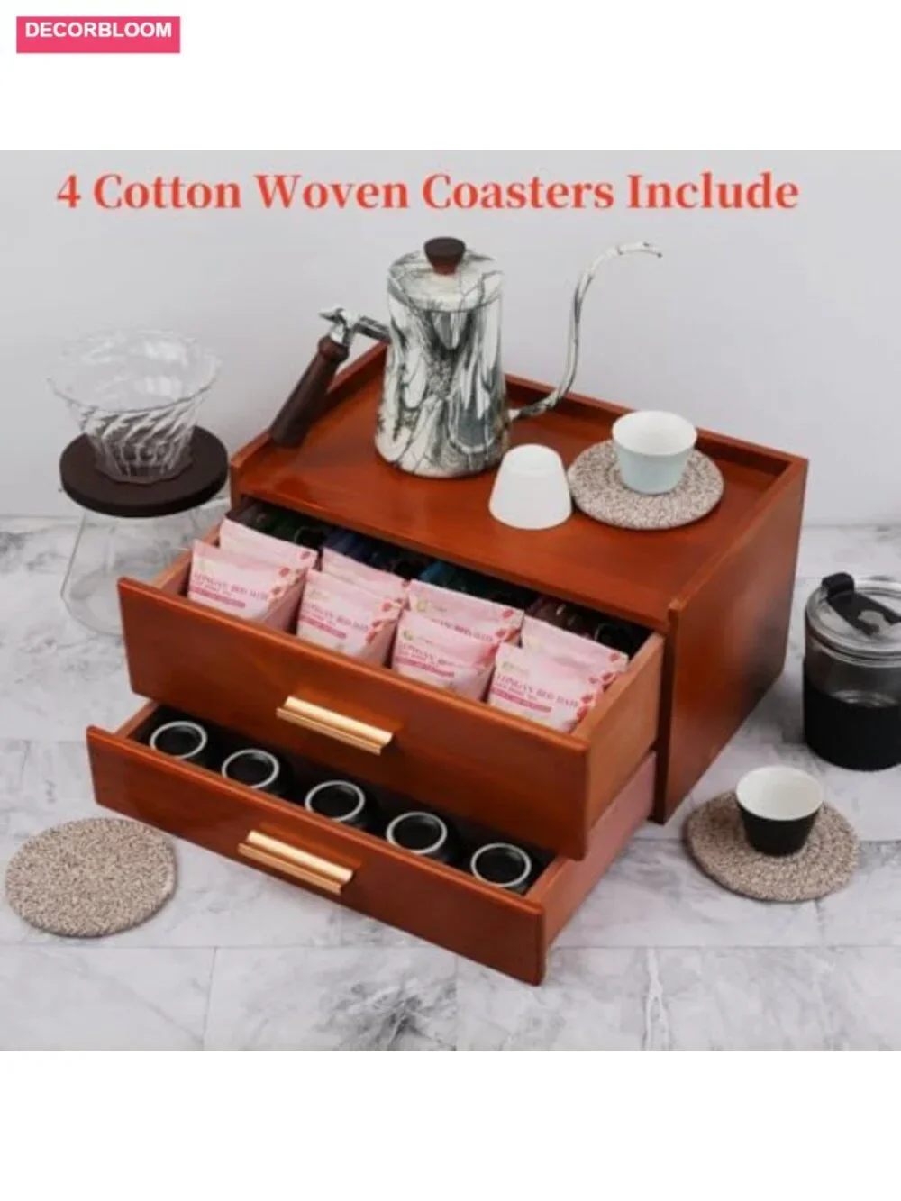 Solid Wood Tea Organizer with Drawer and 8 Compartments, Teabag Holder Storage